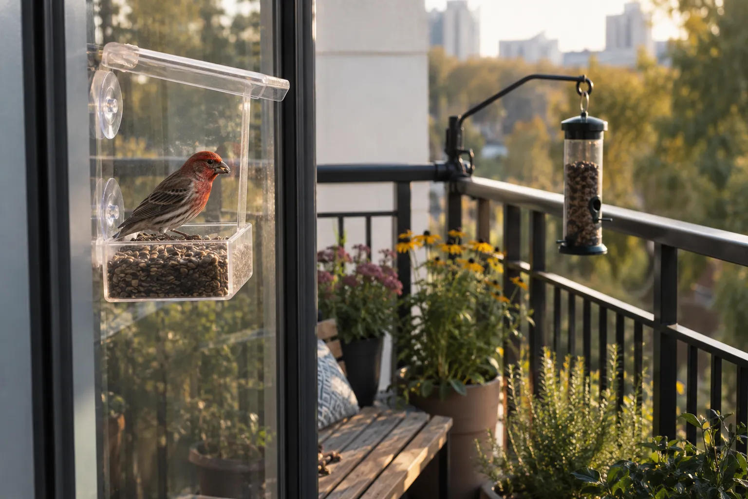 Small clear window bird feeder on an apartment balcony window with a House Finch eating seed, potted plants on the railing (AI illustration)