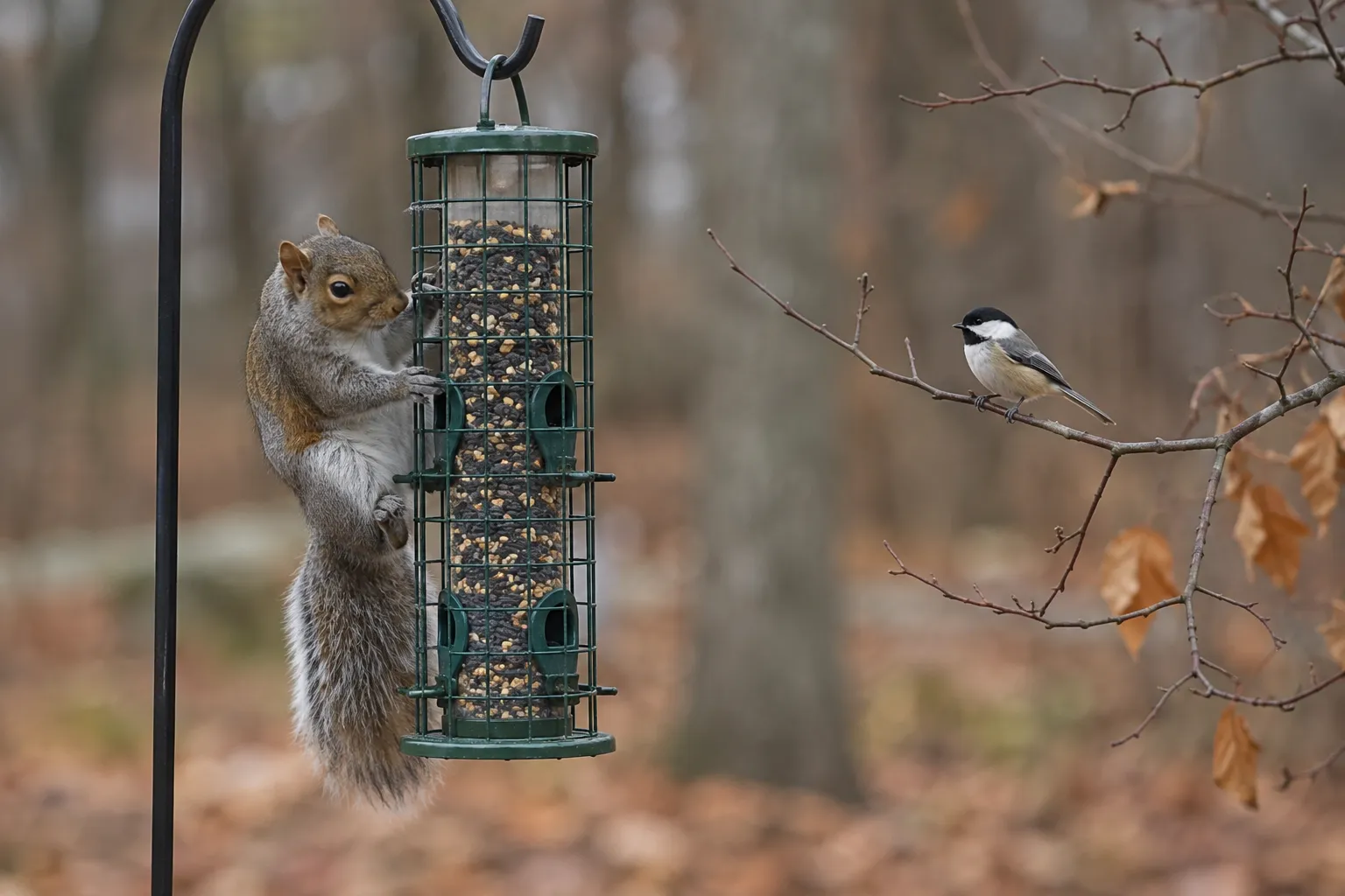 Gray squirrel clinging to a closed metal bird feeder while a chickadee waits on a nearby branch (AI illustration)