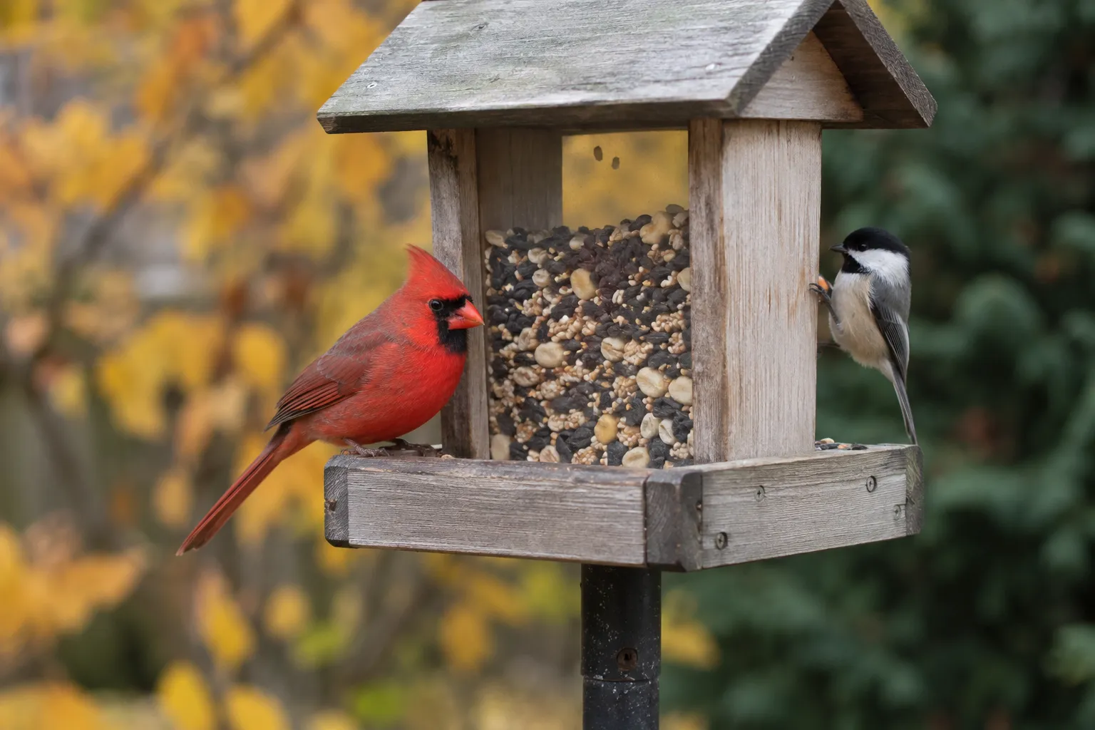 A hopper feeder full of mixed sunflower seed and nuts with a cardinal and a chickadee feeding (AI illustration)
