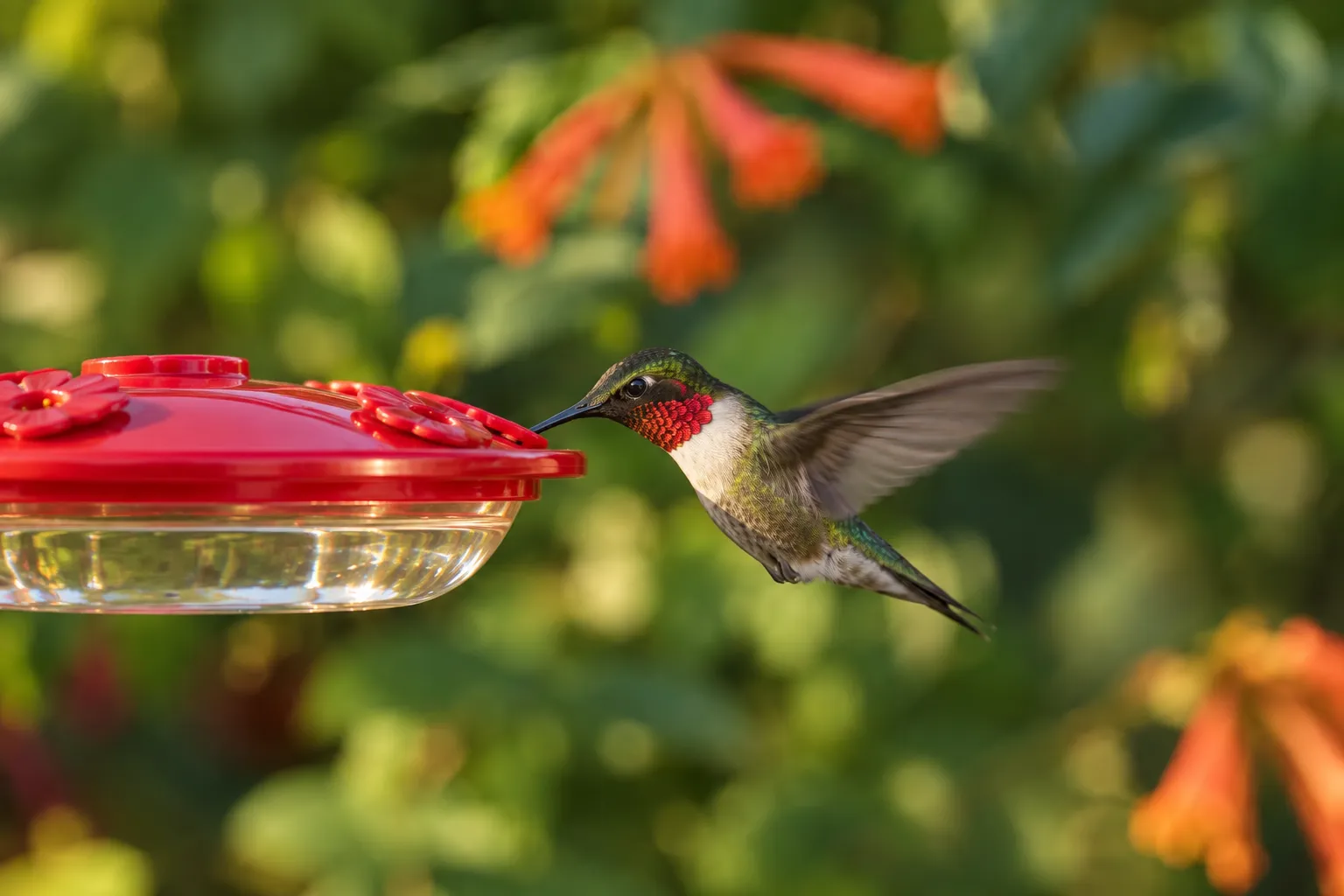A male Ruby-throated Hummingbird hovering at a red saucer feeder filled with clear sugar water (AI illustration)
