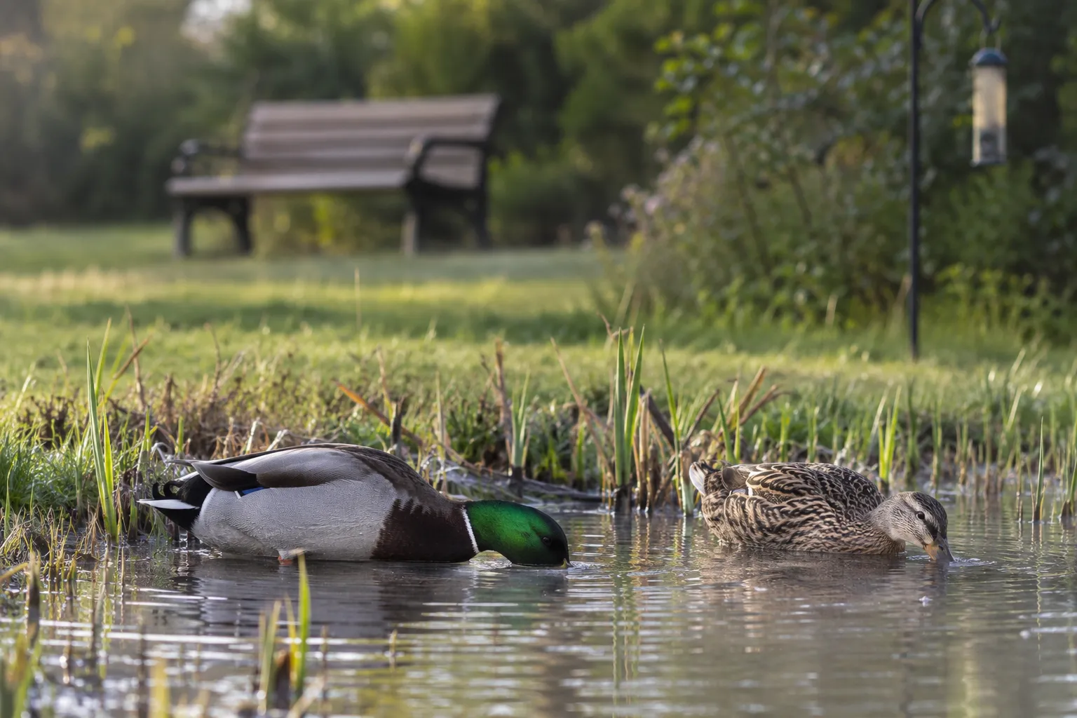 Mallard ducks foraging along a pond edge with no bread in the water (AI illustration)