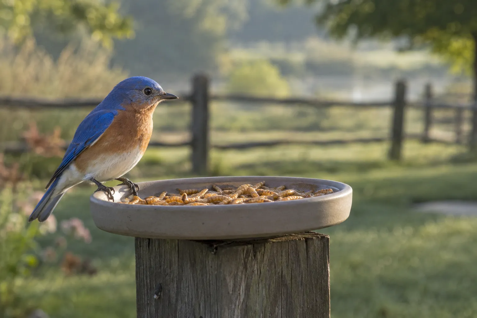 Eastern Bluebird perched on the rim of a small dish filled with dried mealworms (AI illustration)