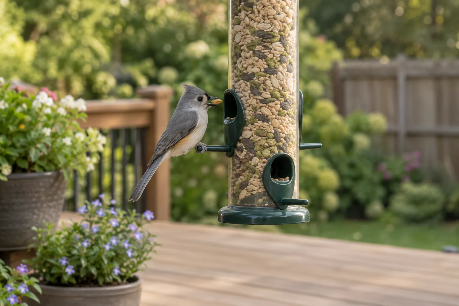A clean wooden deck under a hanging bird feeder filled with shelled sunflower kernels and nut pieces (AI illustration)