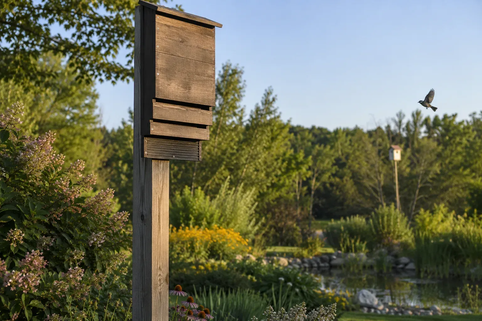 Dark-stained multi-chamber wooden bat house mounted high on a tall wooden post at the sunny edge of a garden, a pond and shrubs behind (AI illustration)