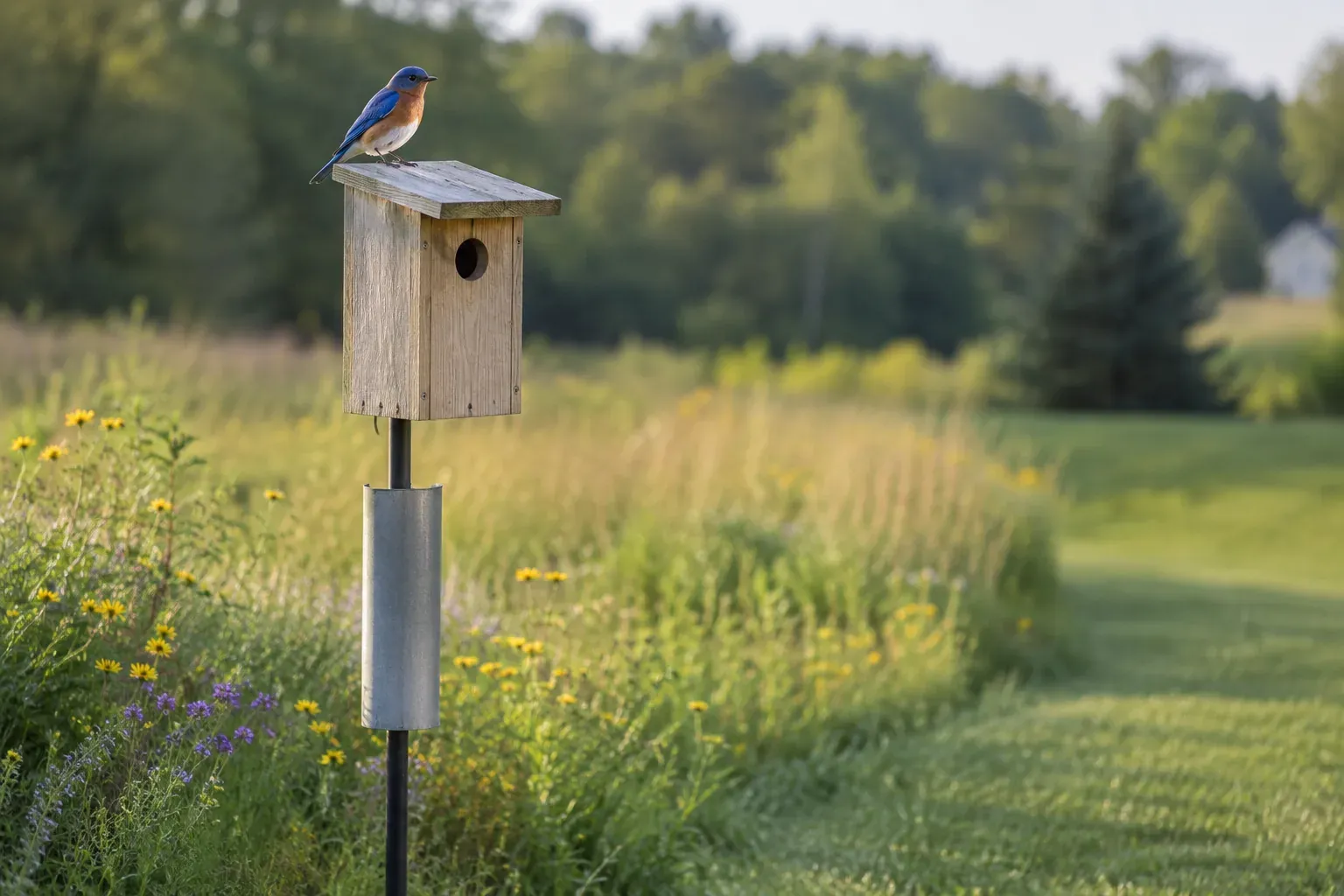 Plain unpainted wooden nest box on a metal pole with a cylinder baffle, an Eastern Bluebird perched on the roof above an open lawn (AI illustration)