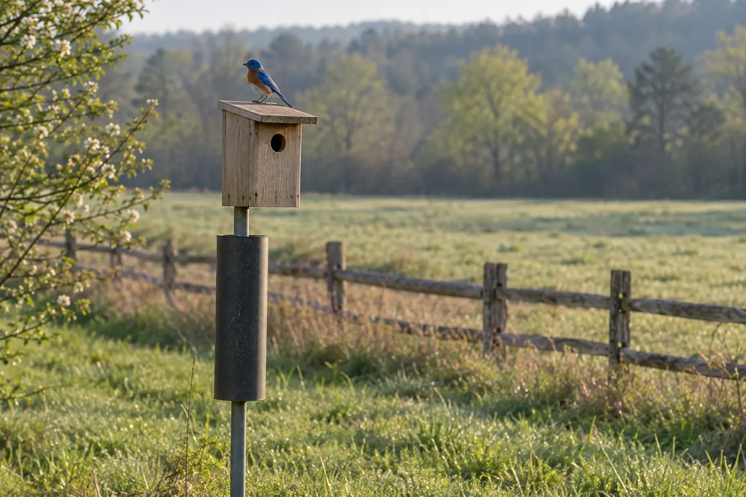 Plain wooden bluebird nest box on a metal pole with a stovepipe baffle, a male Eastern Bluebird perched on the roof at the edge of a mown field (AI illustration)