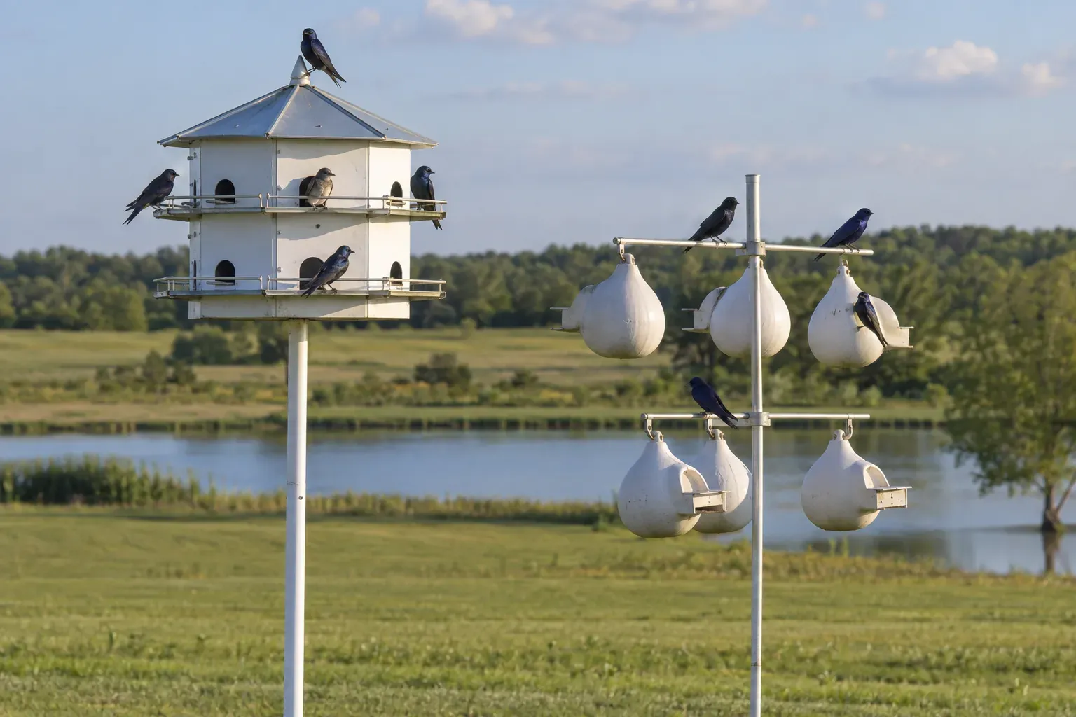 White multi-room aluminum martin house and a rack of white nesting gourds on tall poles in an open lawn, with dark glossy purple martins perched on the porches (AI illustration)