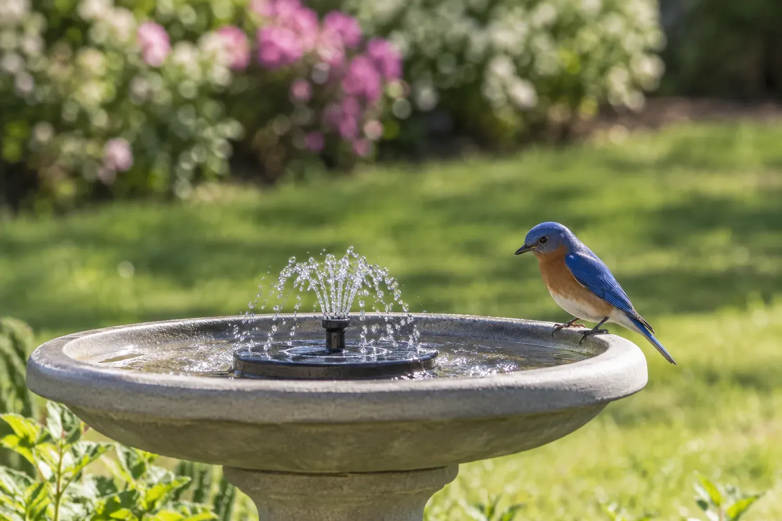 Small solar fountain spraying a low arc of water in a shallow pedestal bird bath while an Eastern Bluebird perches on the rim (AI illustration)