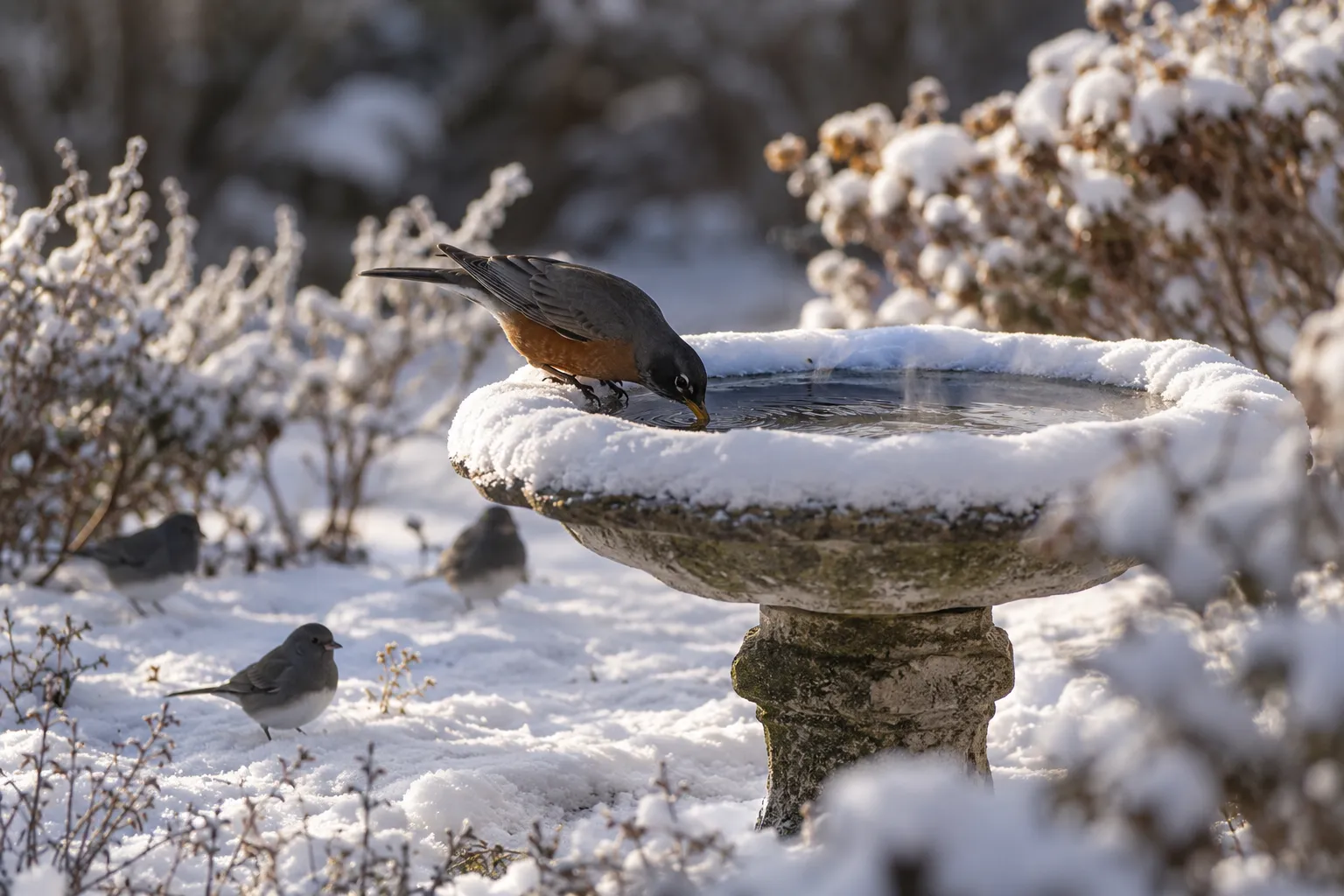A shallow bird bath with open water surrounded by snow, with a robin drinking at the edge (AI illustration)