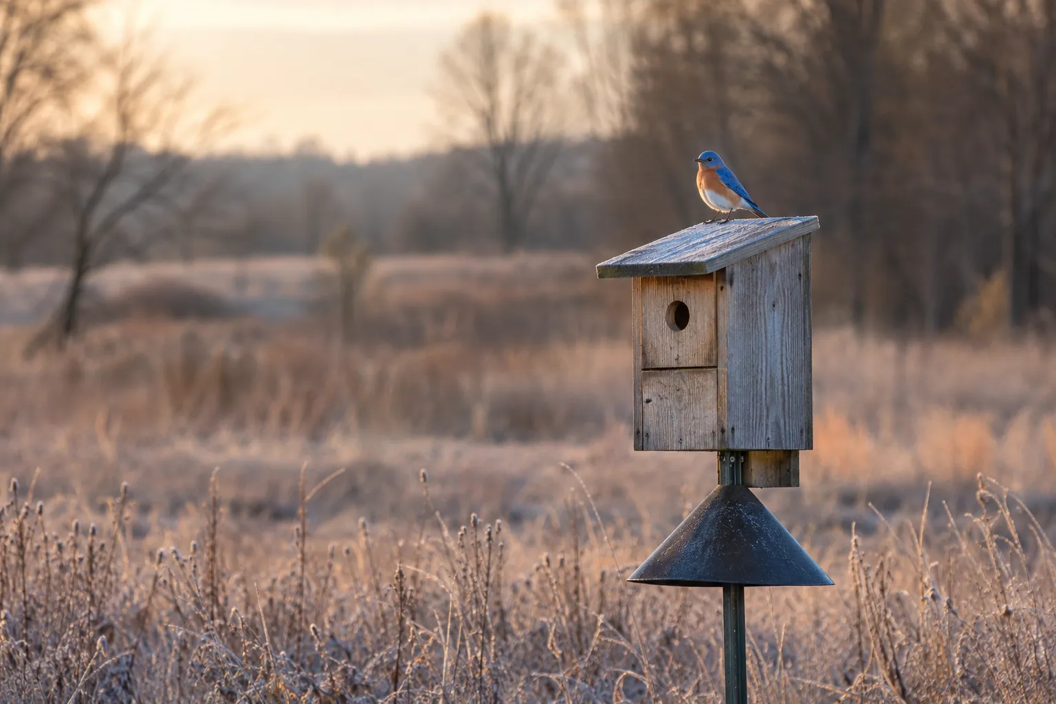A bluebird perched on top of a wooden nest box on a post in a frosty late-winter meadow (AI illustration)