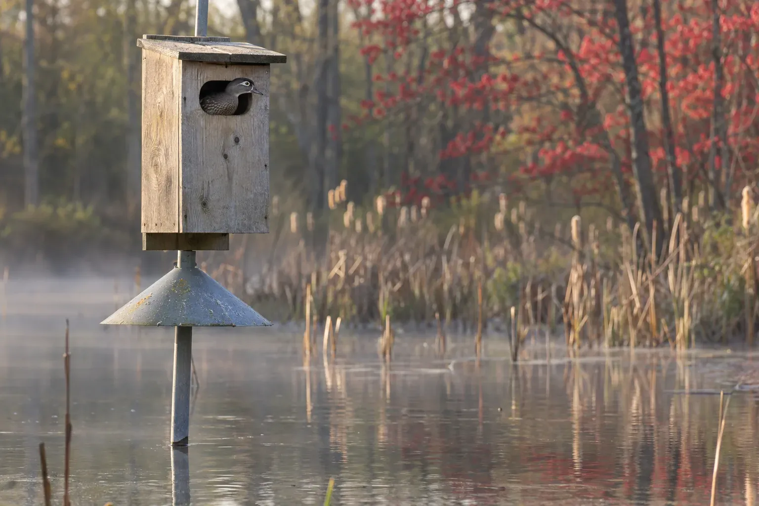 Plain wooden duck nest box on a metal pole standing in a quiet wooded pond, a cone-shaped metal guard below it and a female Wood Duck looking out of the oval entrance (AI illustration)