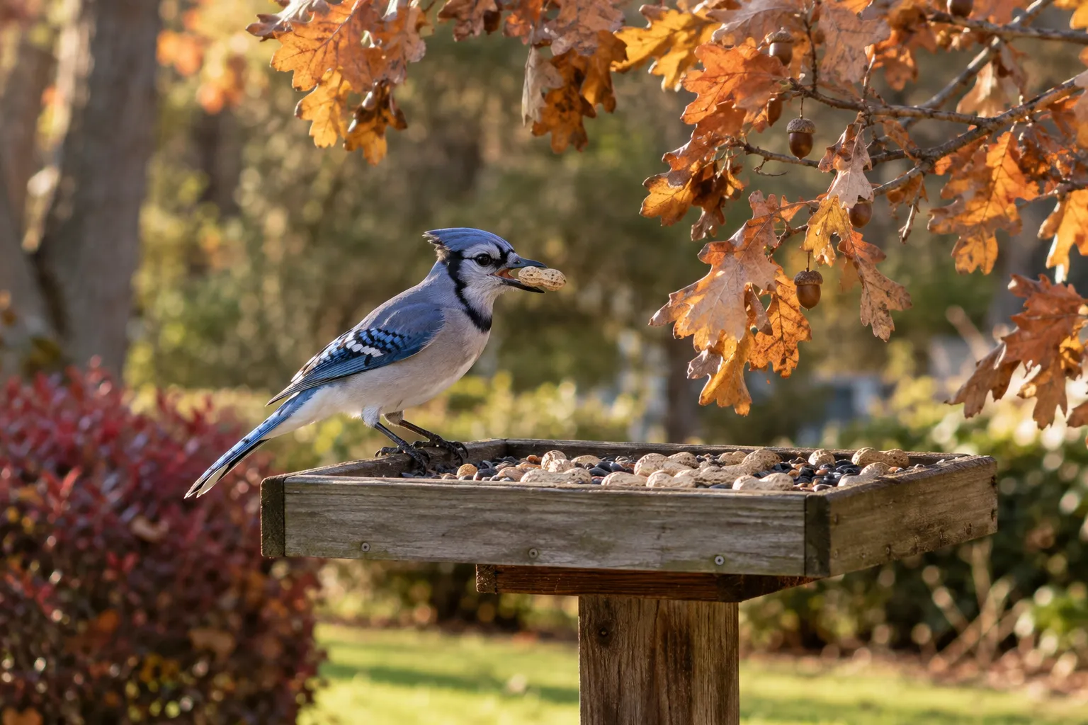 A Blue Jay picking up a whole peanut from a wooden platform feeder under an oak tree (AI illustration)