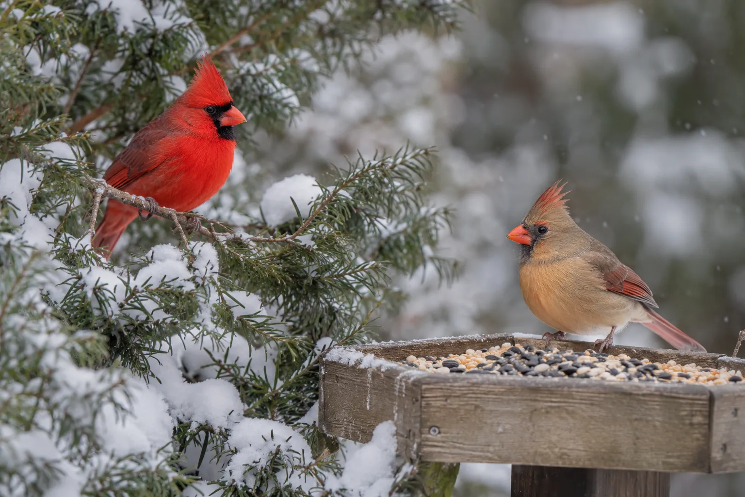 A male and female Northern Cardinal perched in a snowy shrub beside a platform feeder (AI illustration)