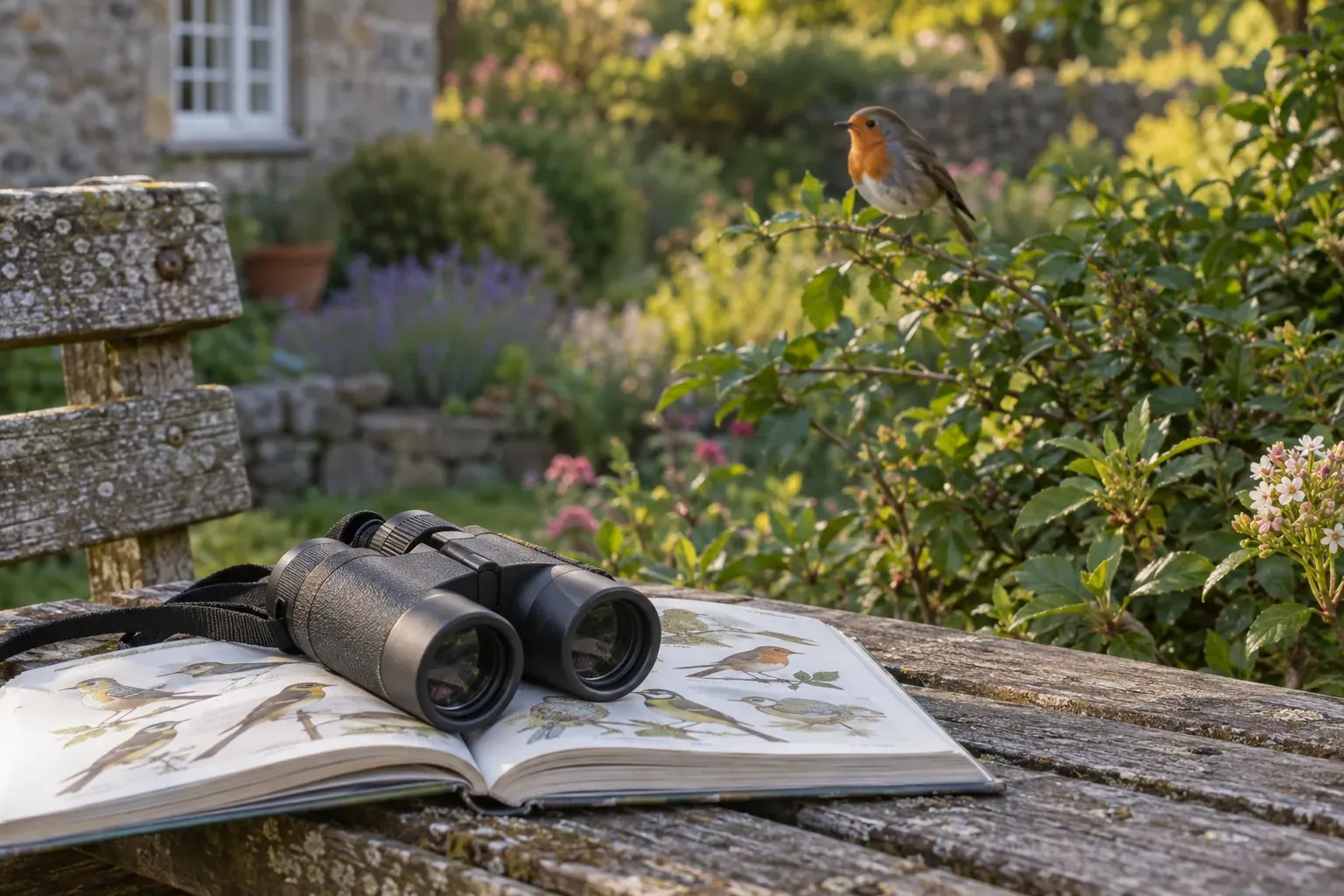 Verrekijker en een opengeslagen vogelgids op een tuinbank met een rode zangvogel op een struik vlakbij (AI-illustratie)