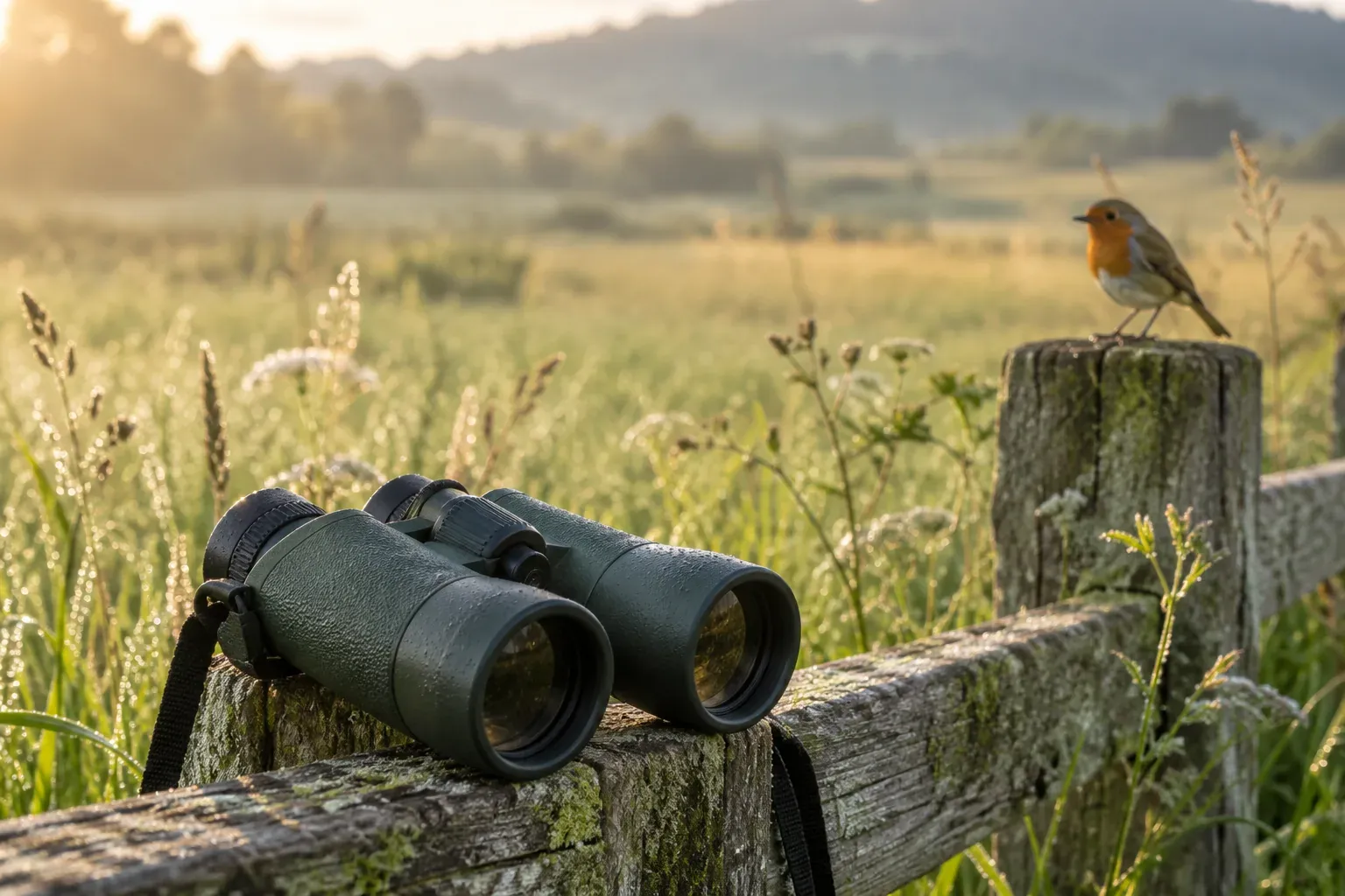 Donkergroene 8x42-verrekijker op een verweerd houten hek met onscherp op de achtergrond een zangvogel op een paal (AI-illustratie)