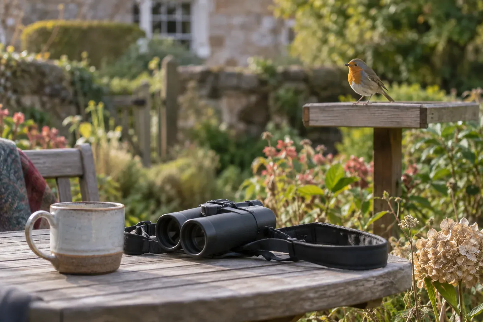 Kleines Fernglas mit Trageriemen auf einem Terrassentisch neben einer Kaffeetasse, im Hintergrund ein roter Vogel an einem Futterhaus (KI-Illustration)