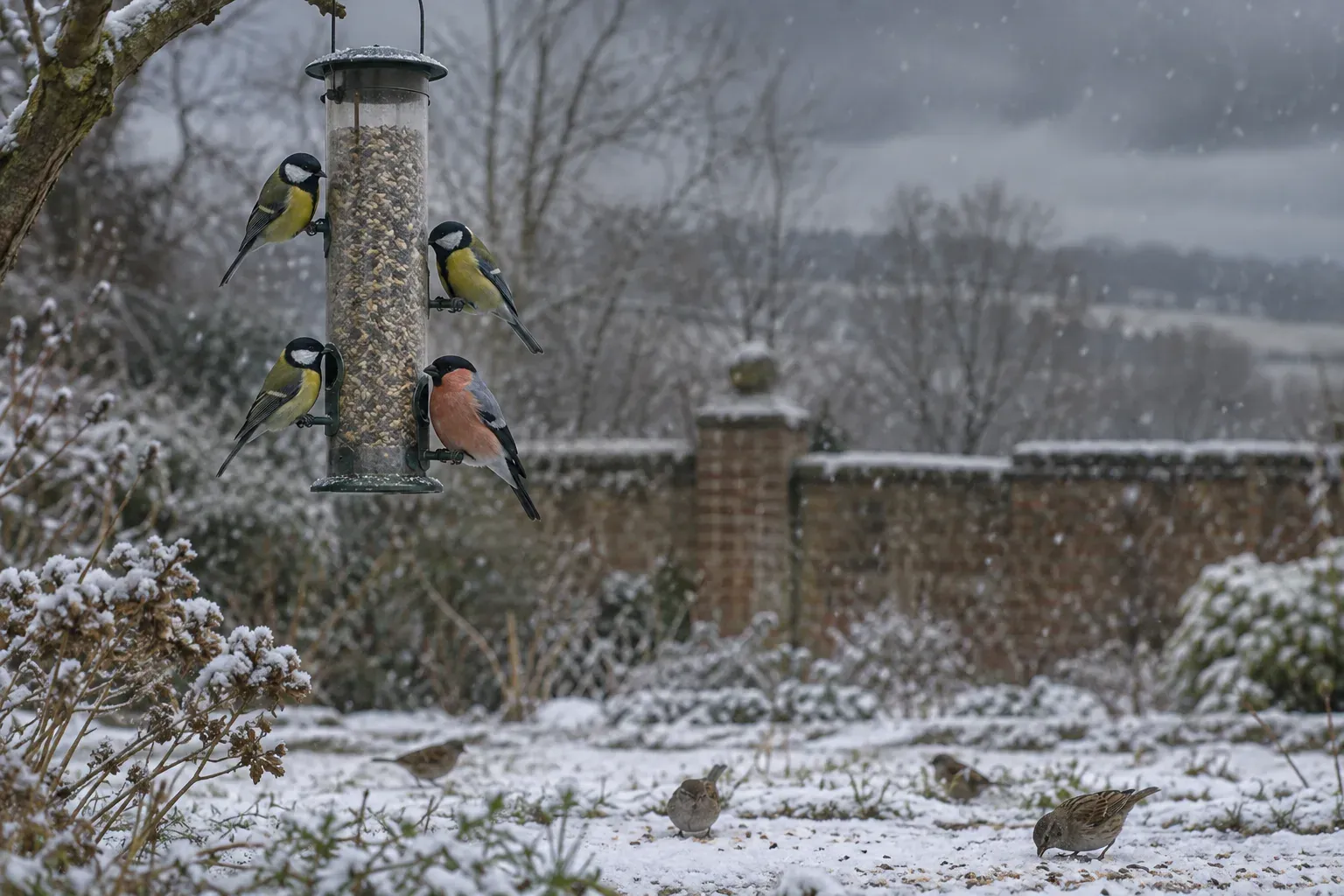 Des passereaux se pressent autour d'une mangeoire de jardin sous un ciel gris chargé de neige (illustration IA)