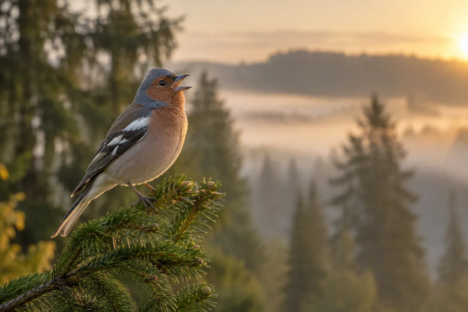 Een zingende witkeelgors op een sparrentak in een noordelijk bos bij zonsopgang (AI-illustratie)