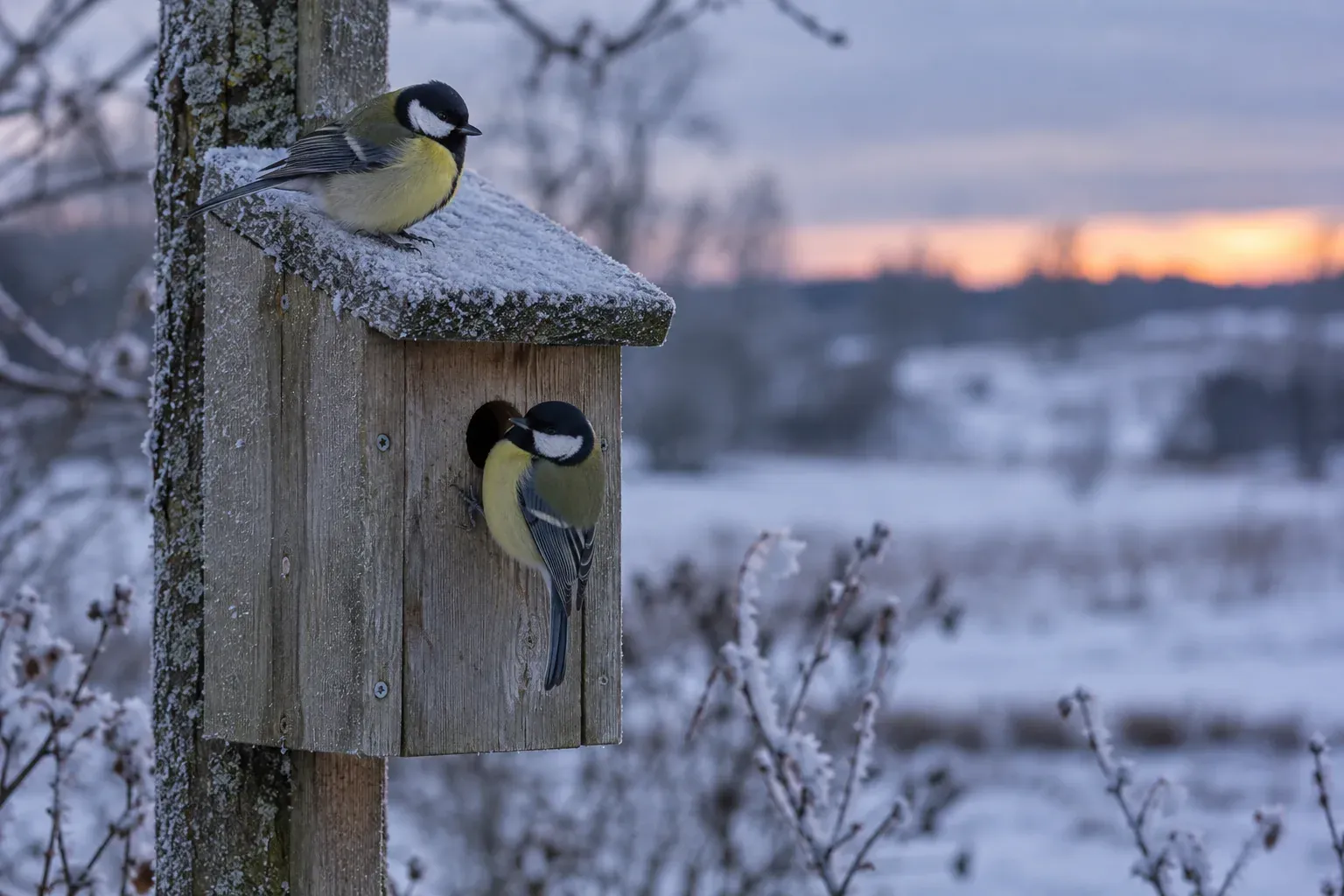 Twee blauwe zangvogels dicht tegen elkaar bij de ingang van een houten nestkast op een ijzige winteravond (AI-illustratie)