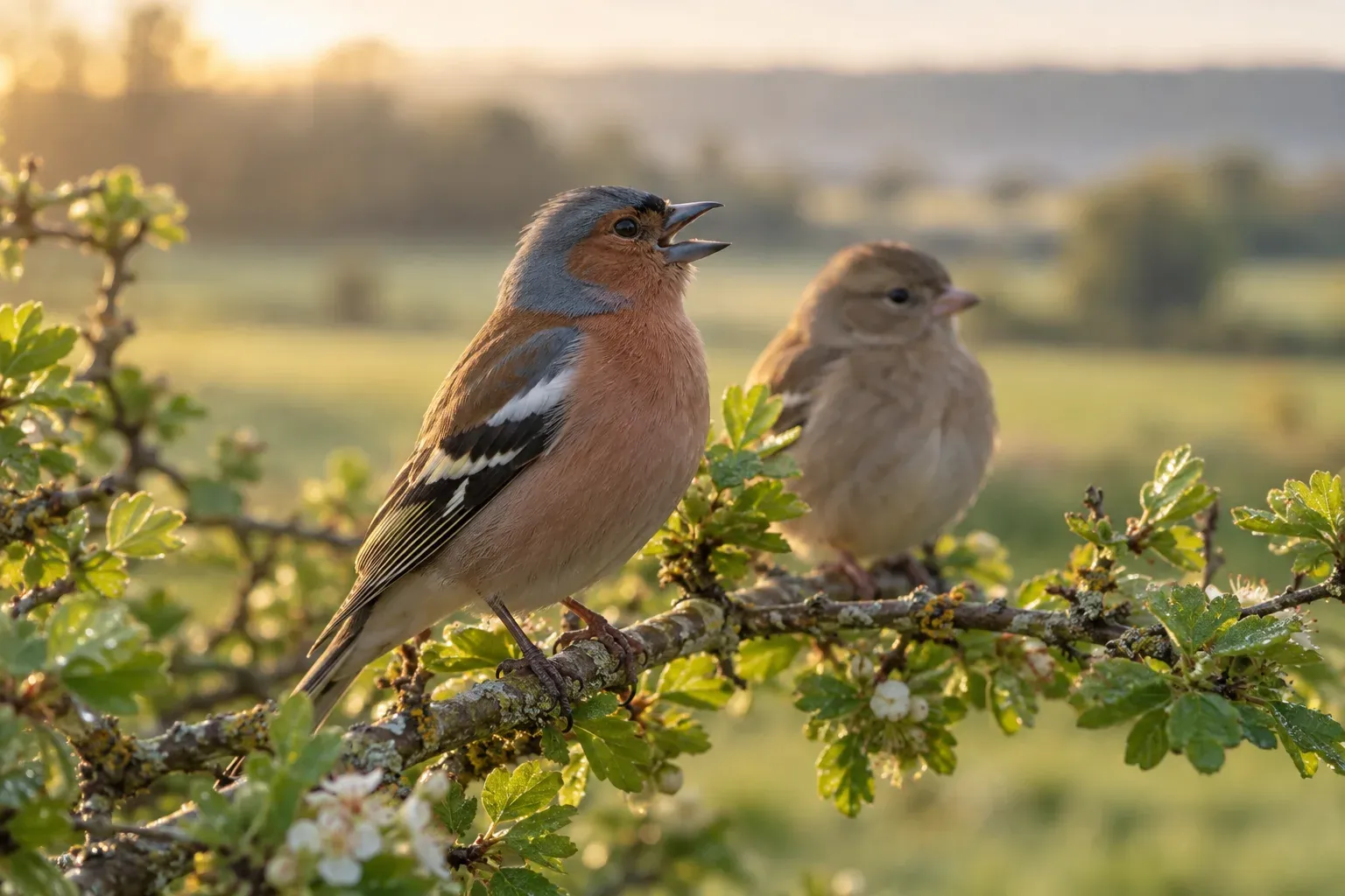 Een zingende volwassen zanggors op een lage tak met open snavel, met een jonge vogel onscherp erachter (AI-illustratie)