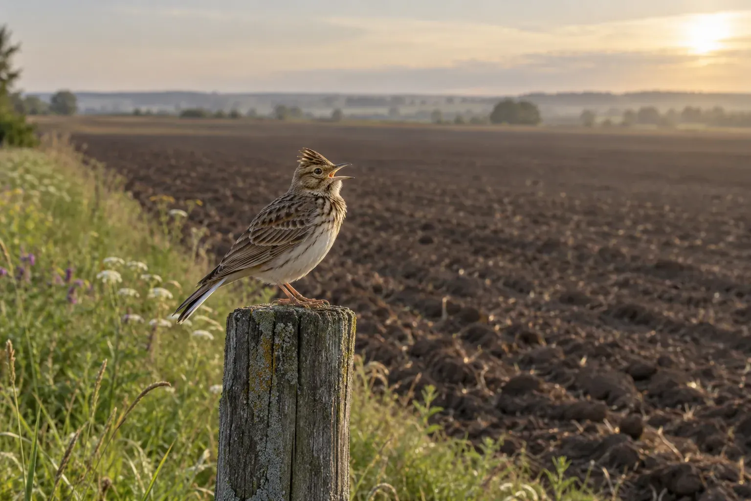 Een zingende vogel met gele borst op een houten paal naast een smalle strook grasland aan de rand van een grote omgeploegde akker (AI-illustratie)