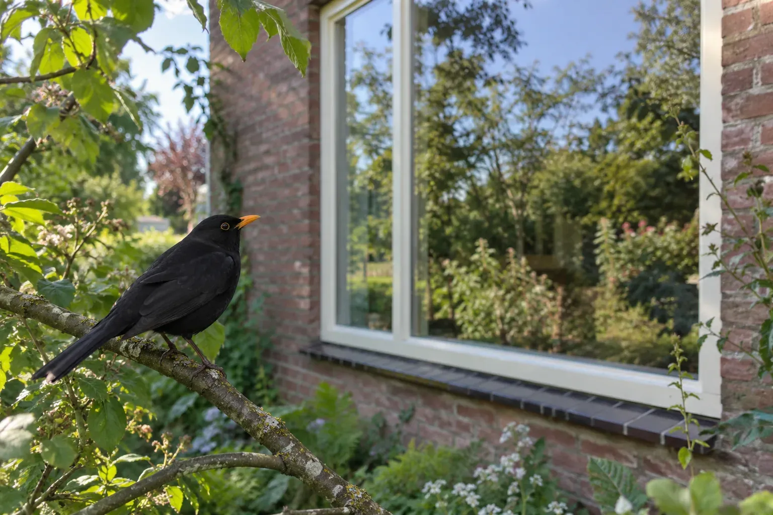 Een raam van een woonhuis weerspiegelt groene bomen en blauwe lucht, met een zangvogel op een tak ervoor (AI-illustratie)