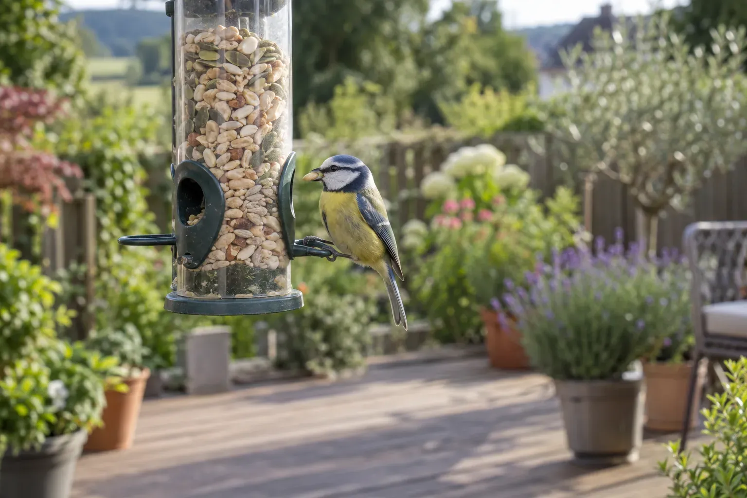 Eine saubere Holzterrasse unter einer Futtersäule mit geschälten Sonnenblumenkernen und Nussstücken (KI-Illustration)