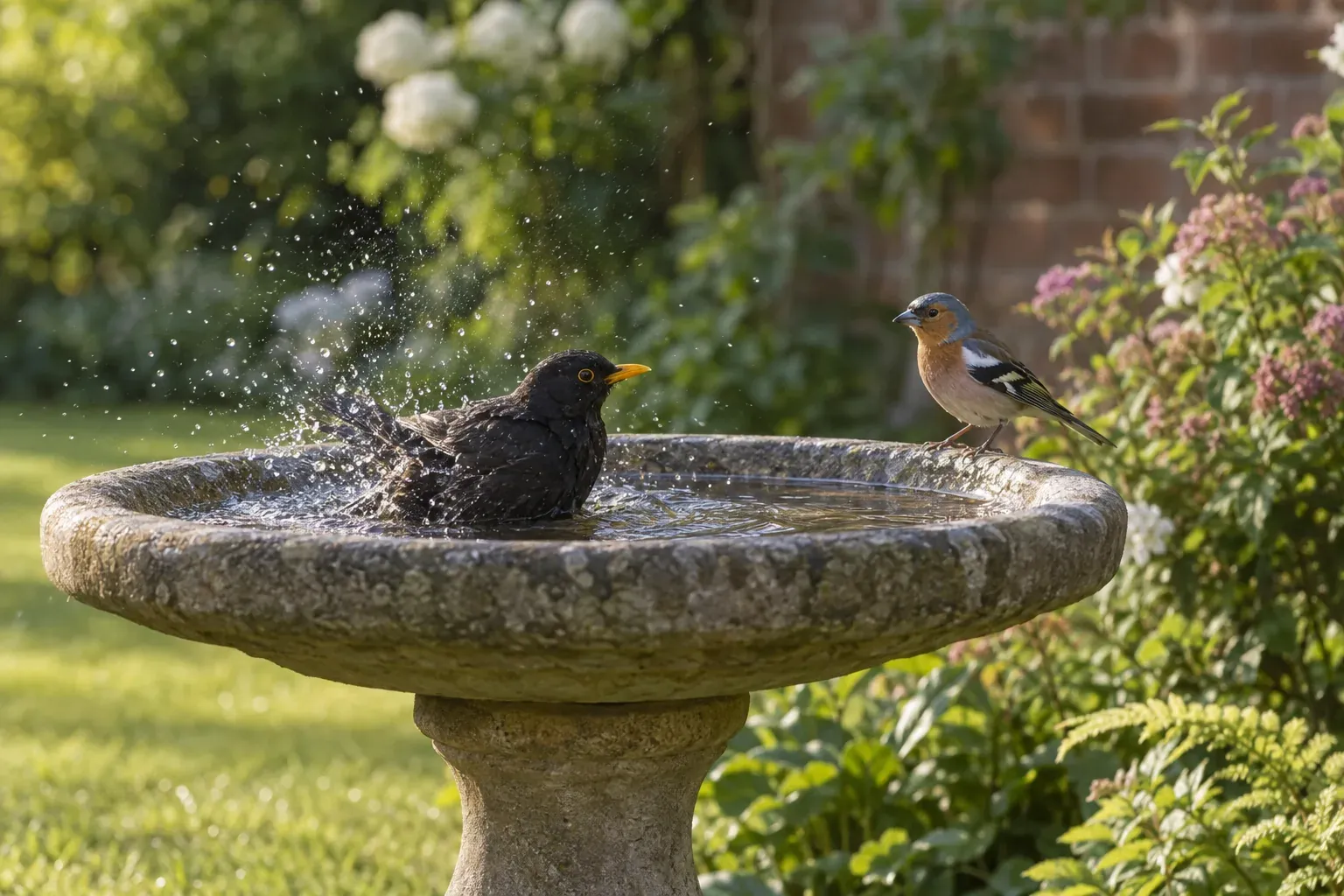 Un merle noir se baignant dans une vasque sur pied peu profonde, dans un jardin ensoleillé bordé d'arbustes (illustration IA)