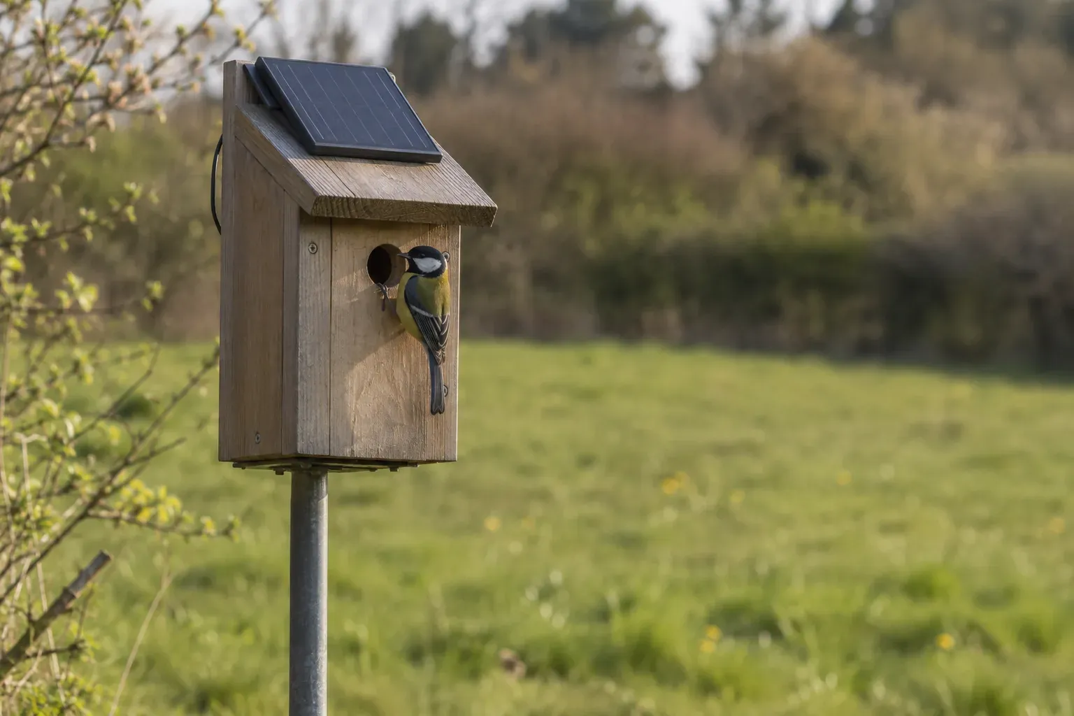 Nichoir en bois avec un petit panneau solaire sur le toit, fixé sur un poteau, une mésange posée au bord du trou d'envol au printemps (illustration IA)