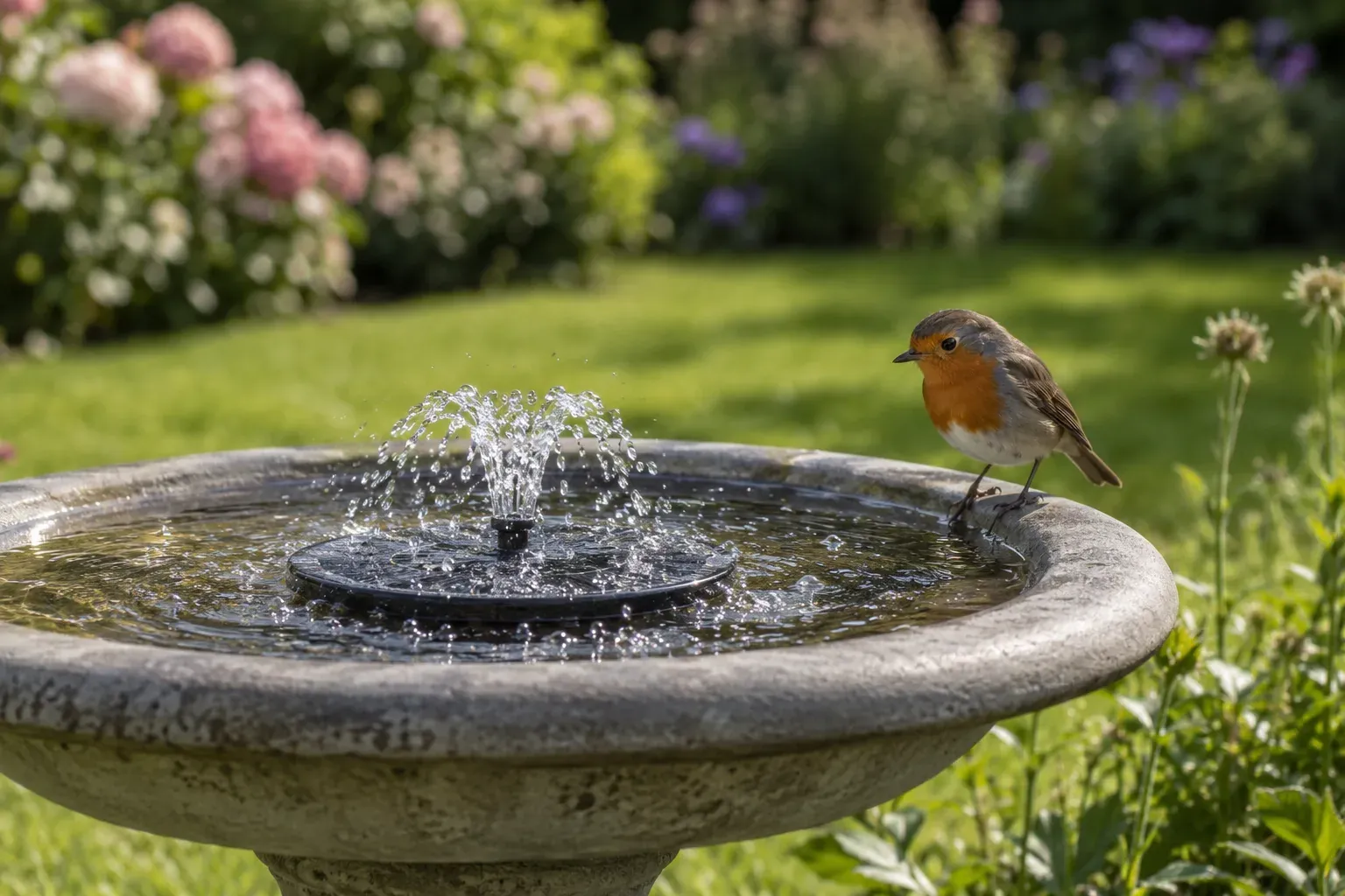 Une petite fontaine solaire projetant un jet bas dans un bain d'oiseaux sur pied, un rougegorge posé sur le rebord (illustration IA)