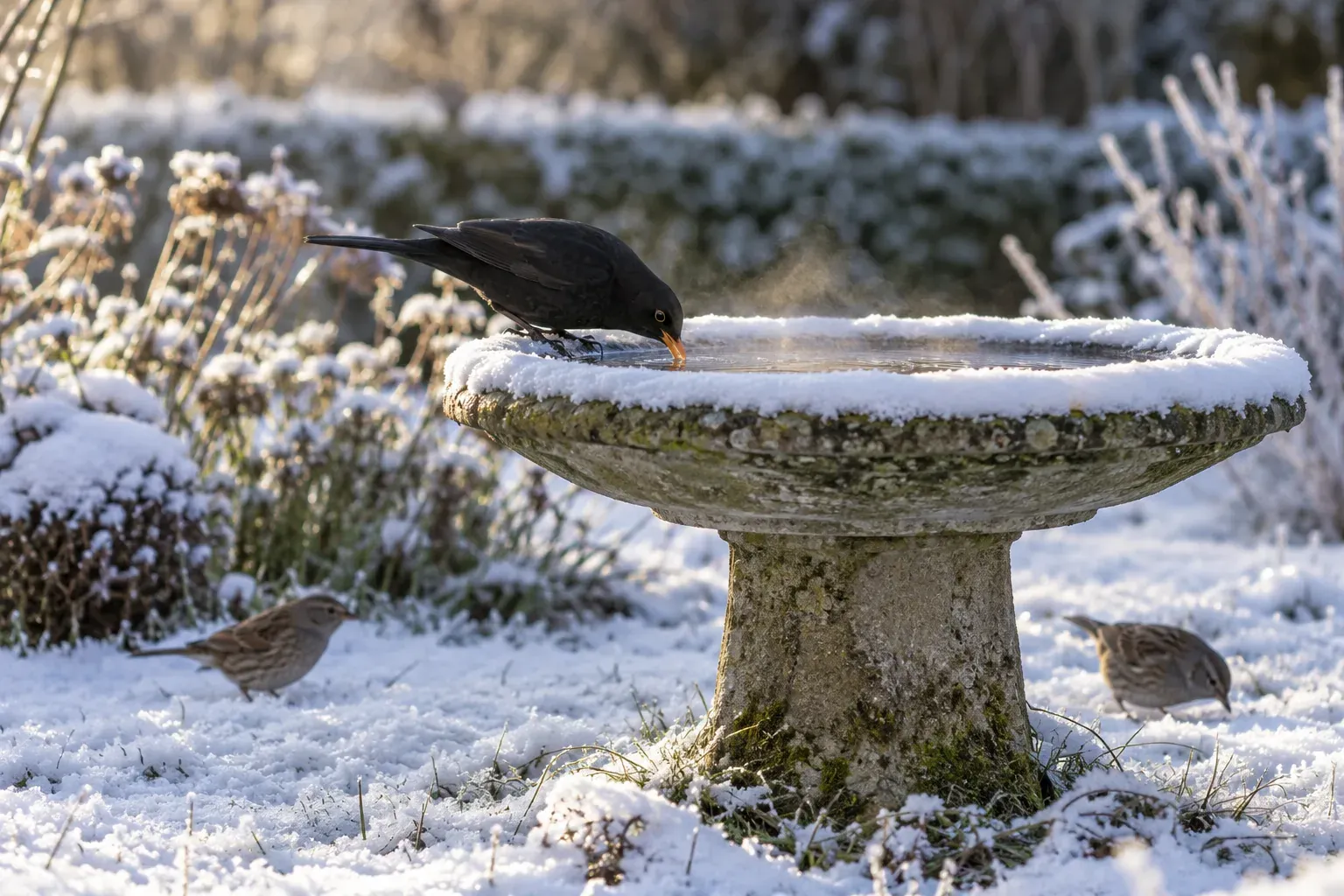 Un bain d'oiseaux peu profond avec de l'eau libre entourée de neige, un merle buvant sur le rebord (illustration IA)