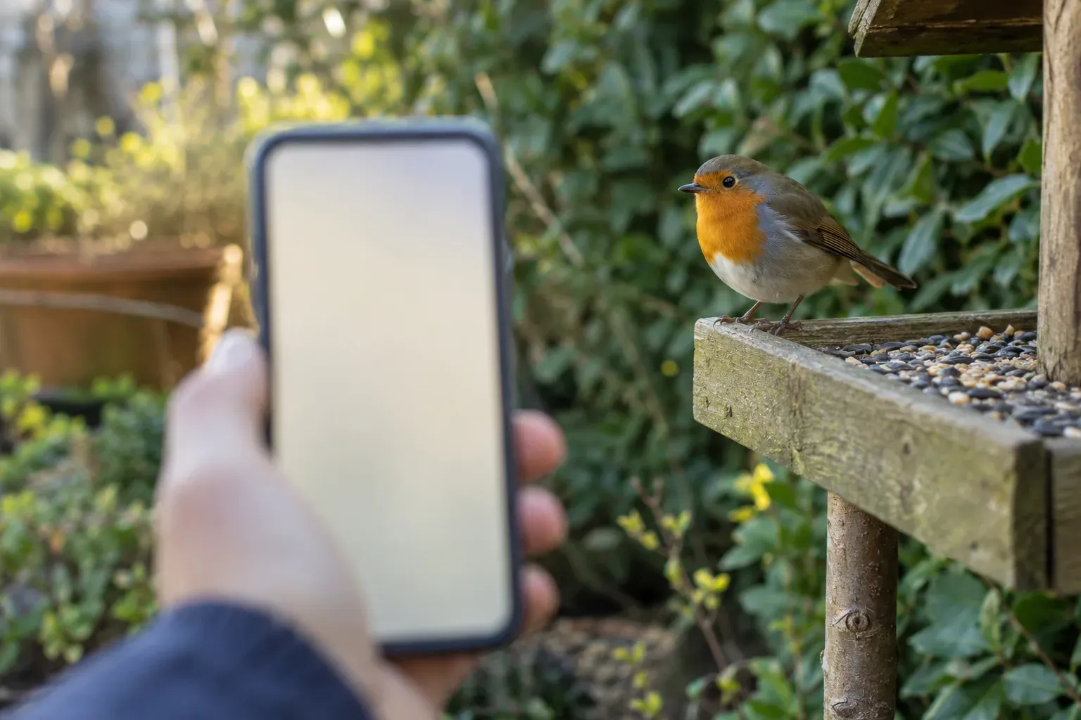 Een smartphone op armlengte bij een voederplek in de tuin, waar een vogel op de rand van de voedertafel zit (AI-illustratie)