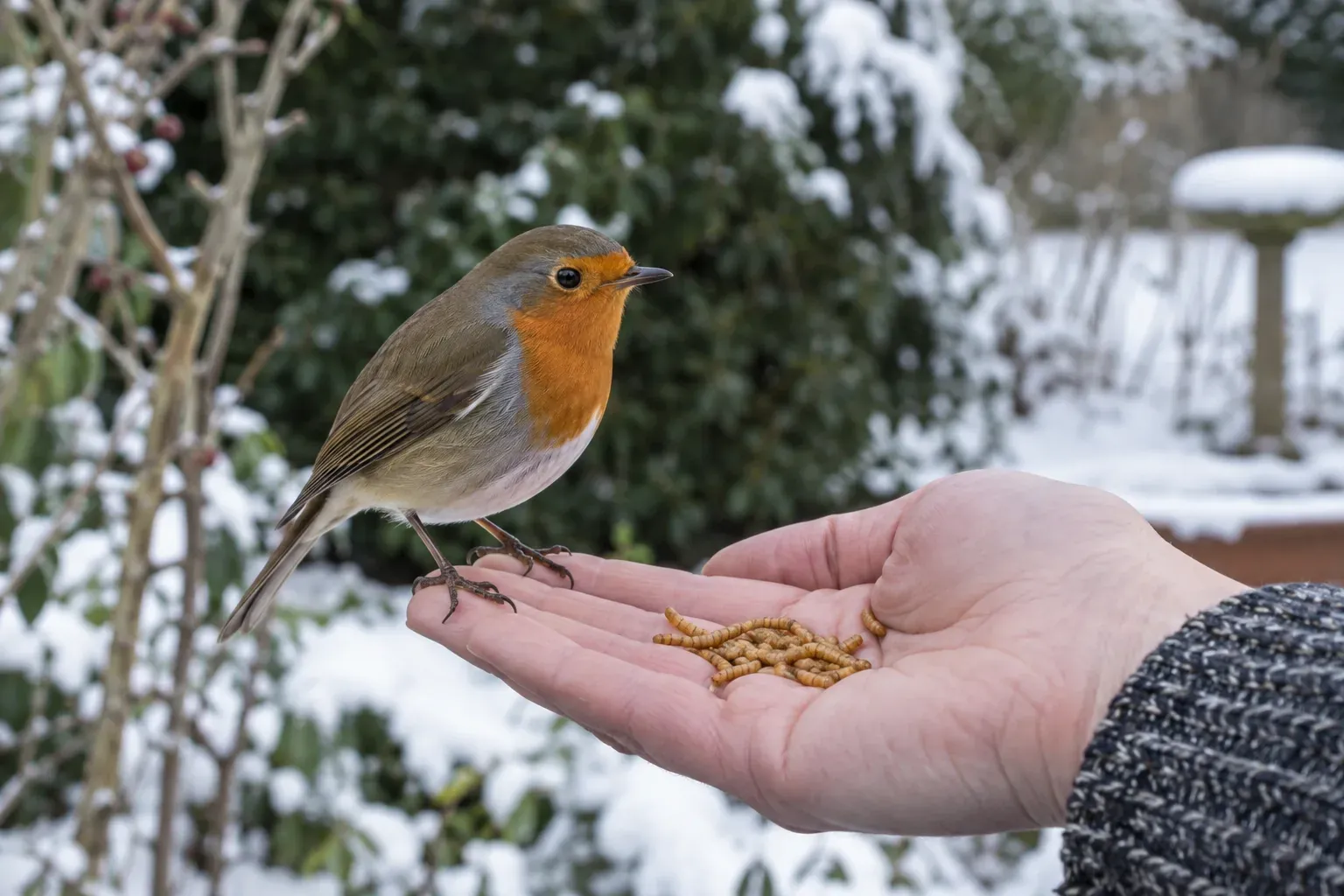 Eine Meise landet in einem verschneiten Garten auf einer ausgestreckten offenen Hand mit Sonnenblumenkernen (KI-Illustration)