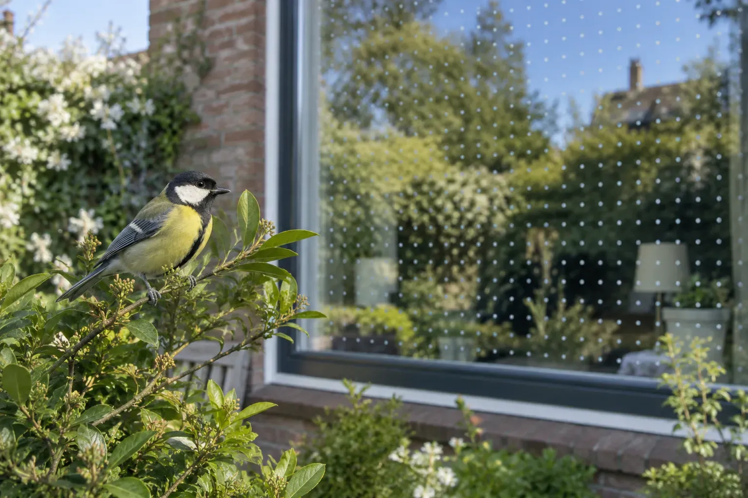 Une fenêtre de maison vue depuis le jardin, avec une grille de petits points blancs collés à l'extérieur du verre et des arbustes qui s'y reflètent (illustration IA)