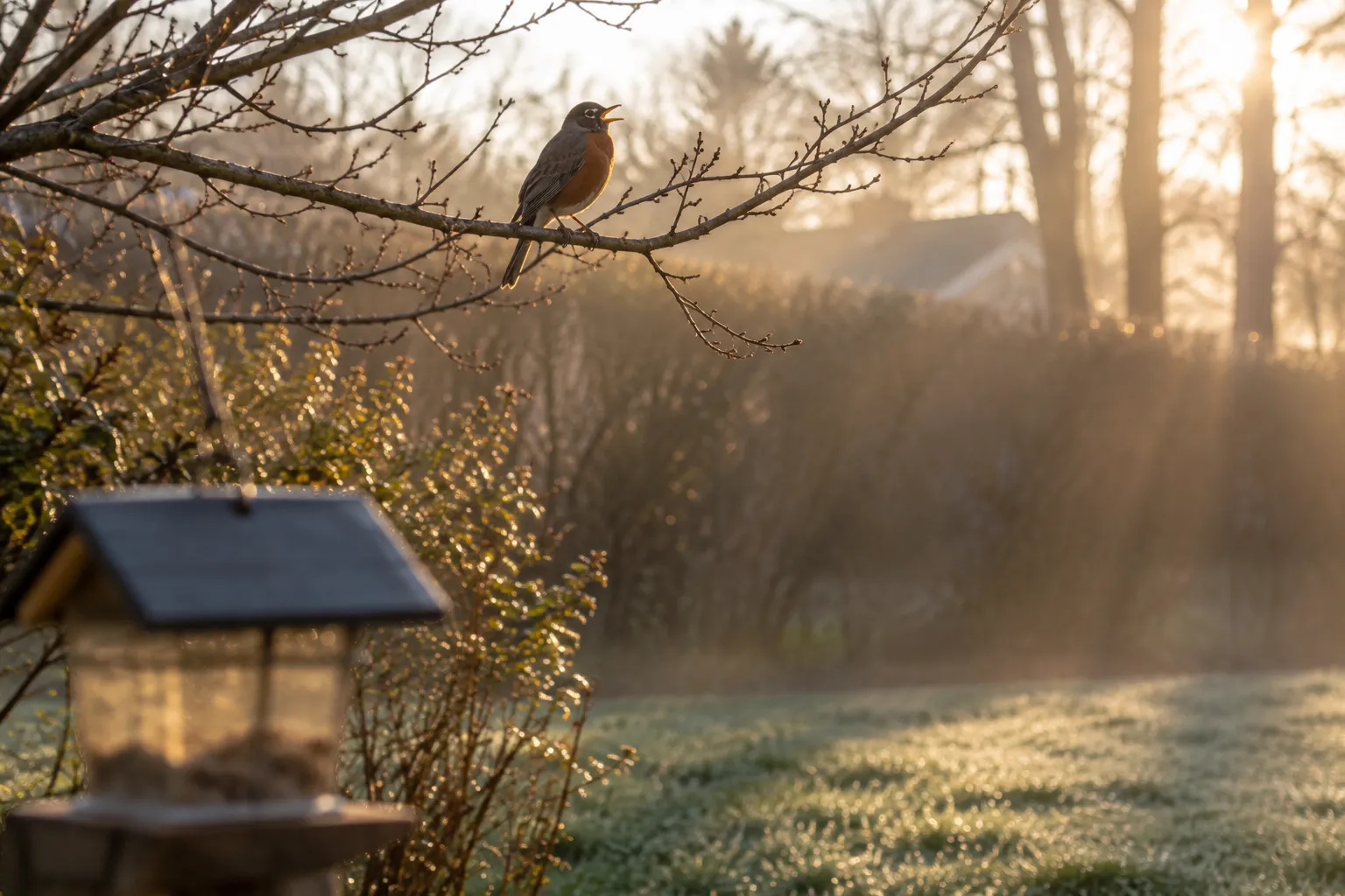 Early morning sun rising behind a hedgerow where a singing American Robin perches on a branch (AI illustration)