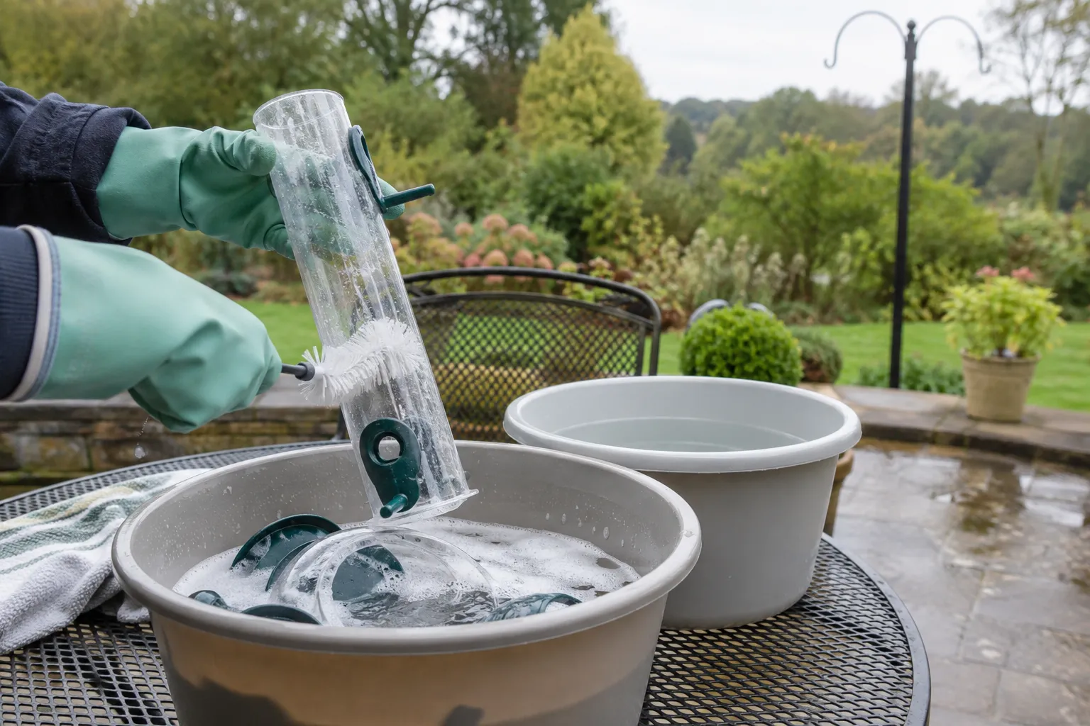 A person wearing rubber gloves scrubbing a disassembled tube bird feeder in a bucket of soapy water outdoors (AI illustration)
