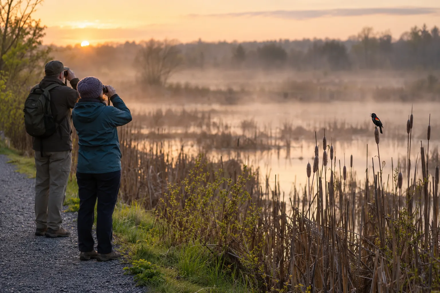 Two birders standing quietly on a gravel trail at a respectful distance, binoculars raised toward a songbird on a distant branch (AI illustration)