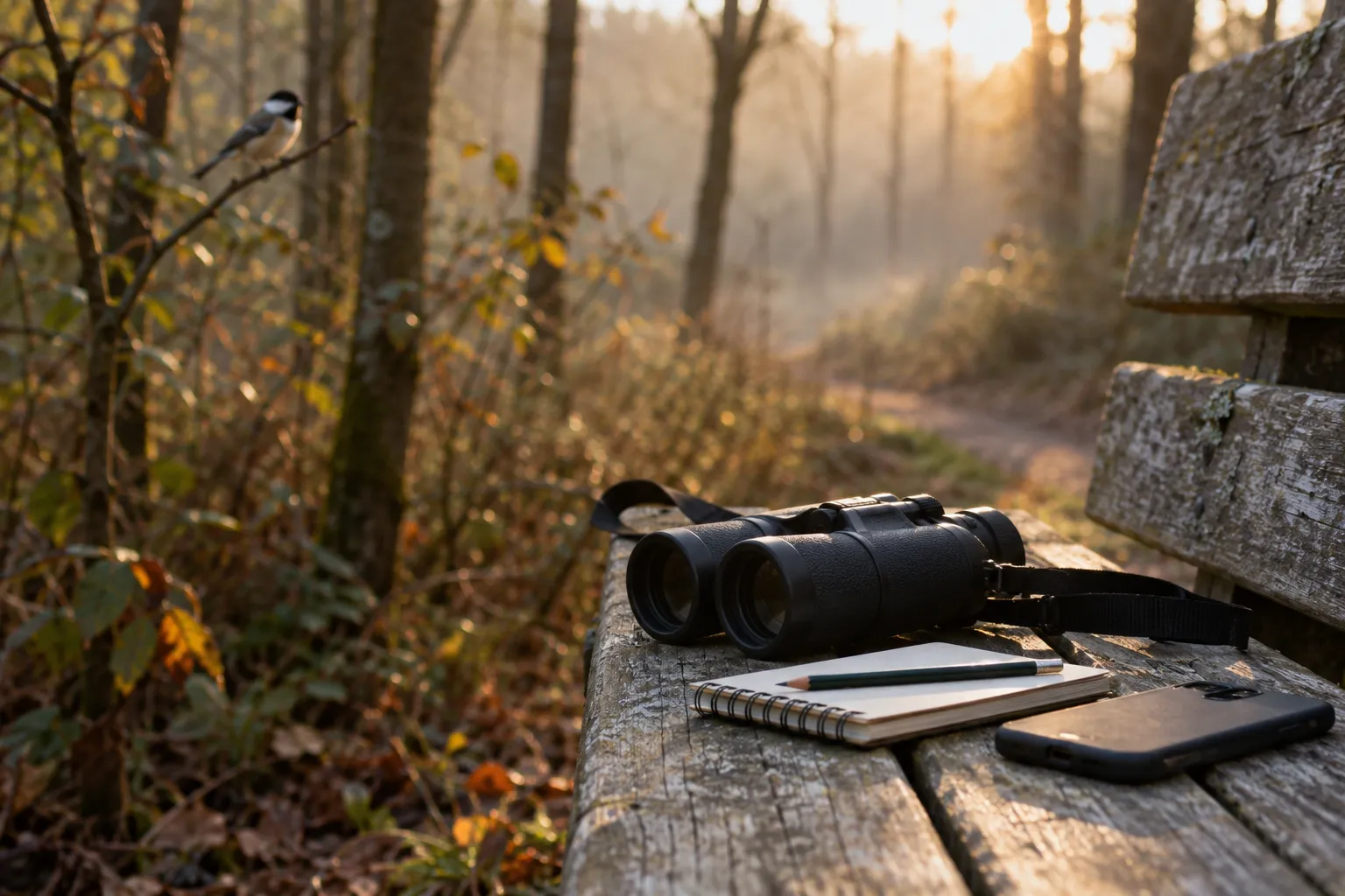 A pair of binoculars, a small notebook and a phone resting on a wooden park bench beside a trail at sunrise (AI illustration)