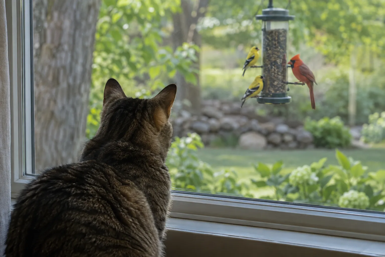 A house cat sitting indoors behind a window, watching small birds at a feeder in the garden outside (AI illustration)