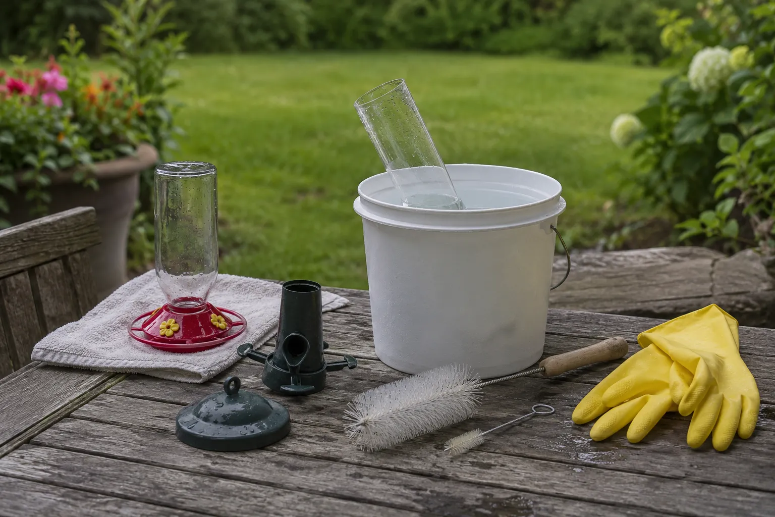 A disassembled tube bird feeder soaking in a bucket beside a bottle brush and rubber gloves on a garden table (AI illustration)