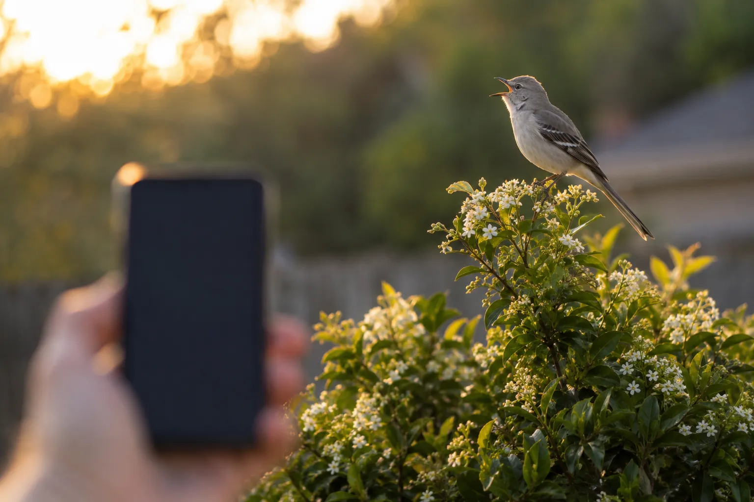 A Northern Mockingbird singing from the top of a shrub at sunrise, with a phone recording in soft focus in the foreground (AI illustration)