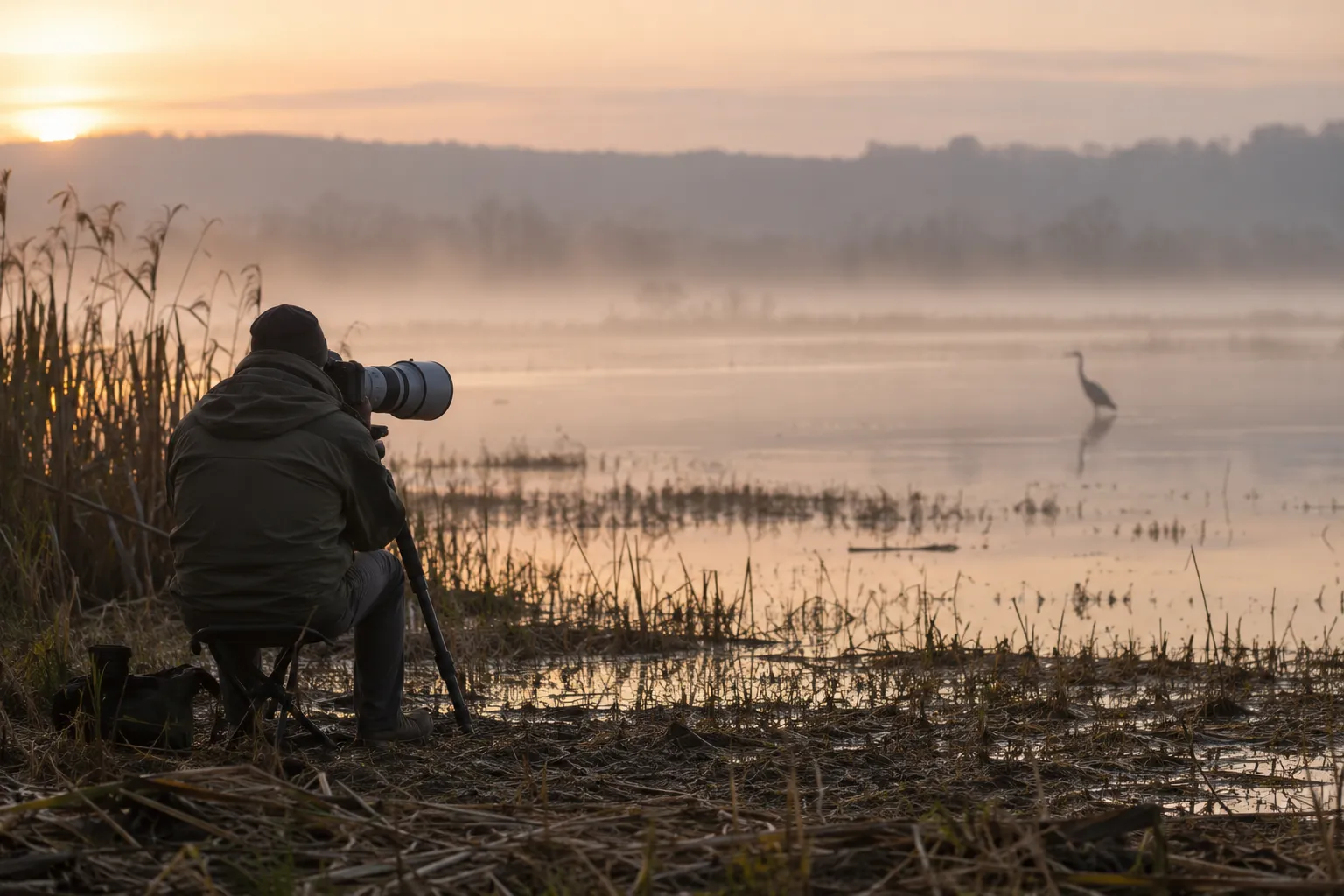 A photographer seen from behind, sitting still at a respectful distance with a long lens, watching a heron at the edge of a marsh (AI illustration)