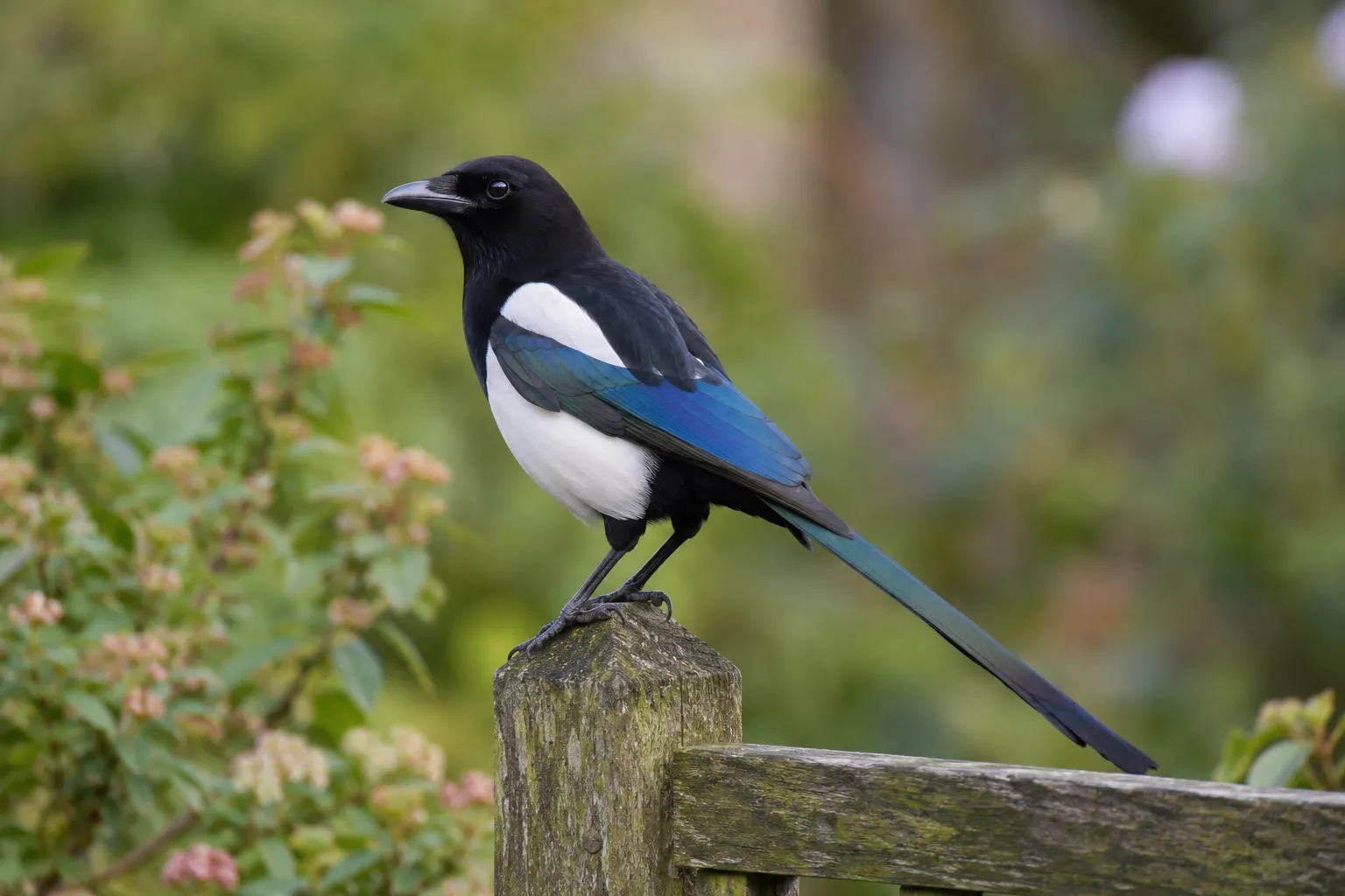 Een ekster met zwart-wit verenkleed en een lange, groenblauw glanzende staart staat op een gazon naast een lage houten voertafel (AI-illustratie)